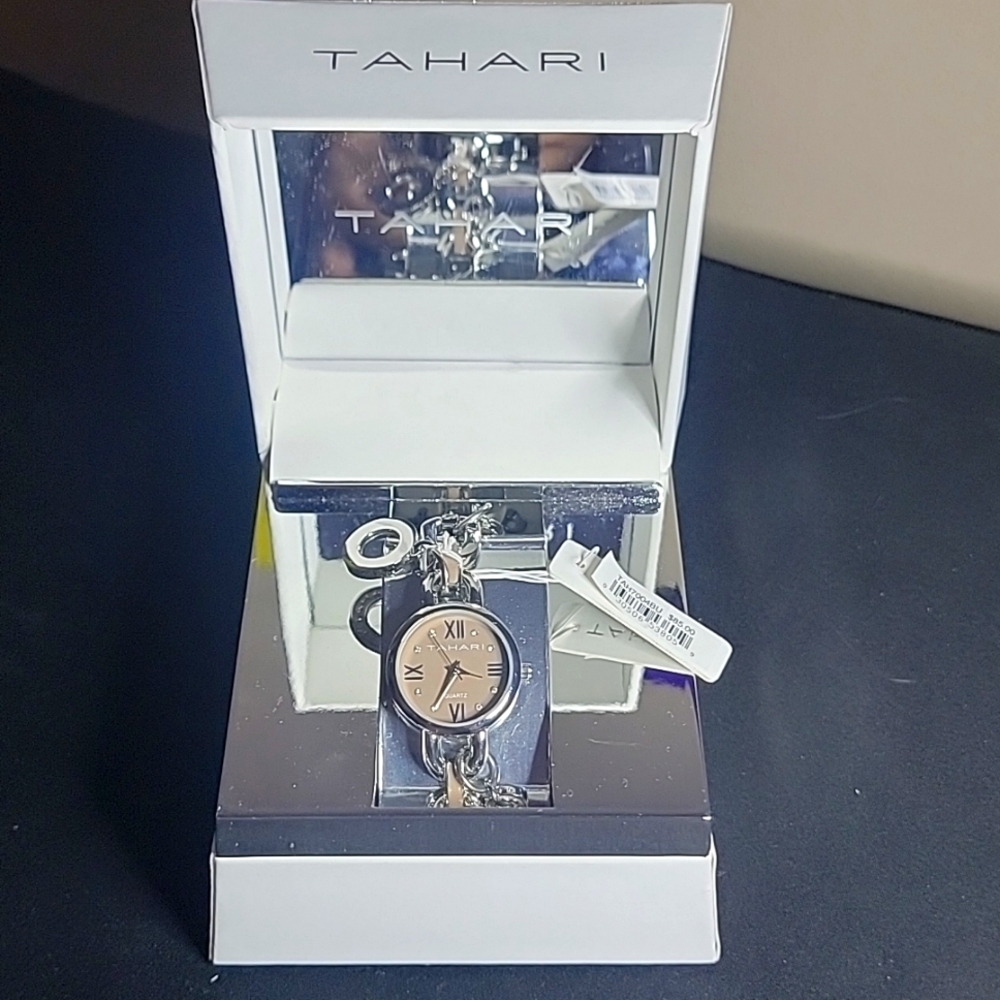 Tahari Silver/Beige Crystal Accented Women's Charm Bracelet Watch